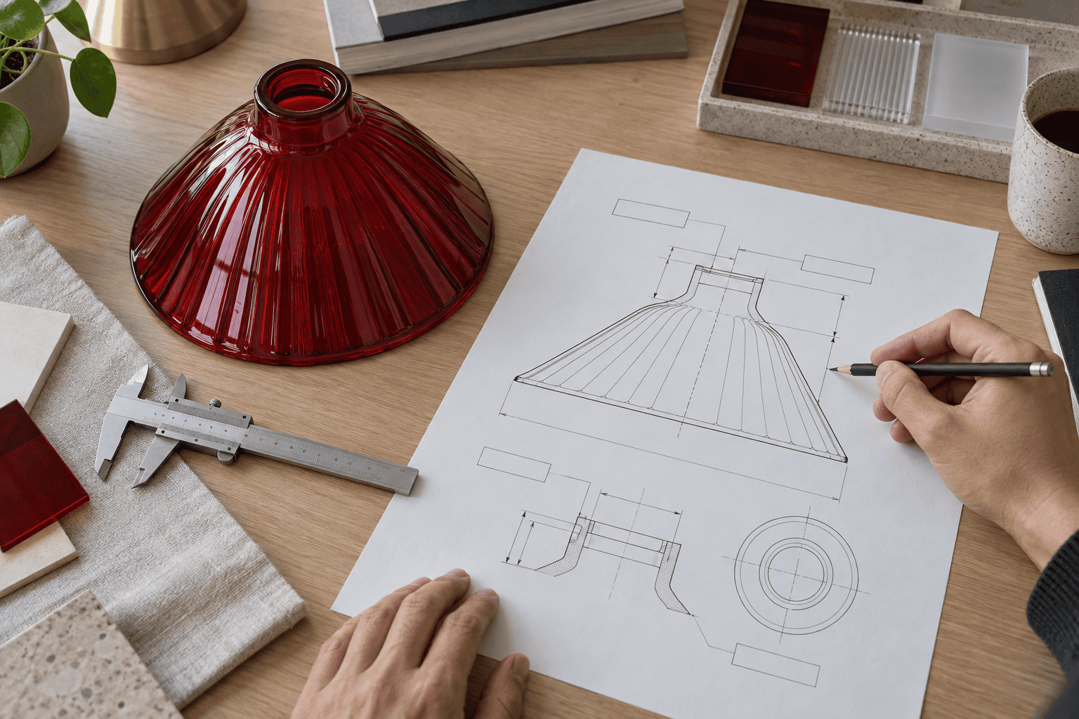 Lighting buyer preparing a dimensioned red glass lamp shade profile and fitter detail beside a physical sample