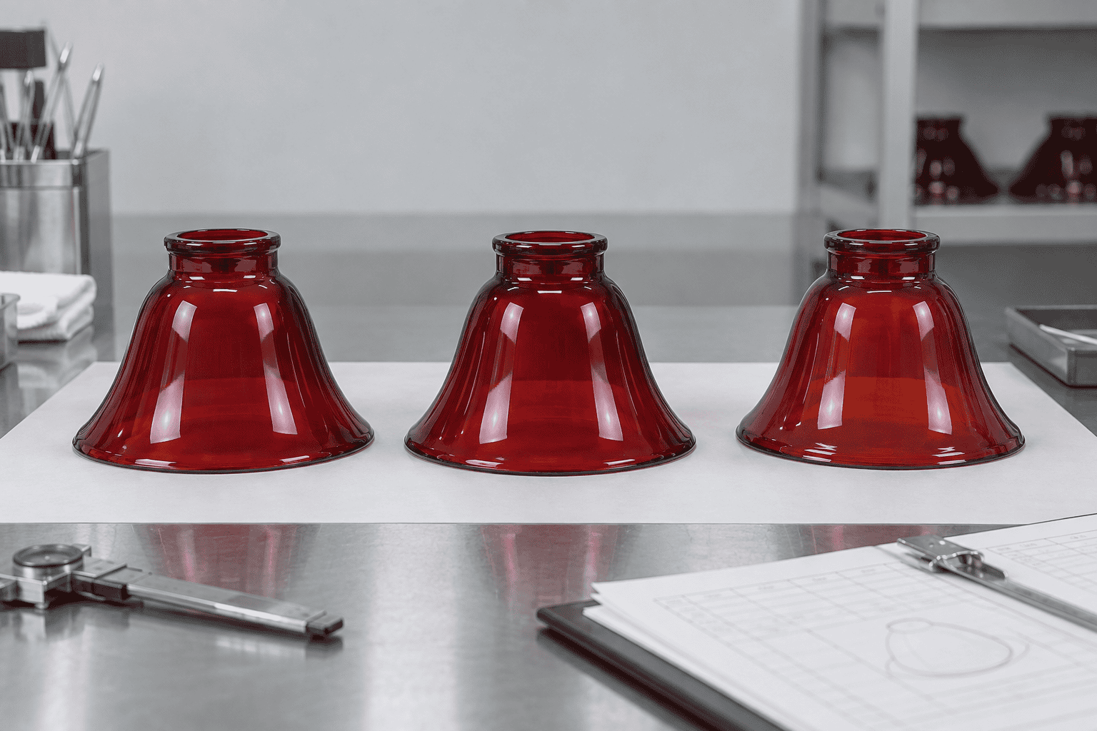 An approved red glass master sample beside two production samples under identical neutral lighting