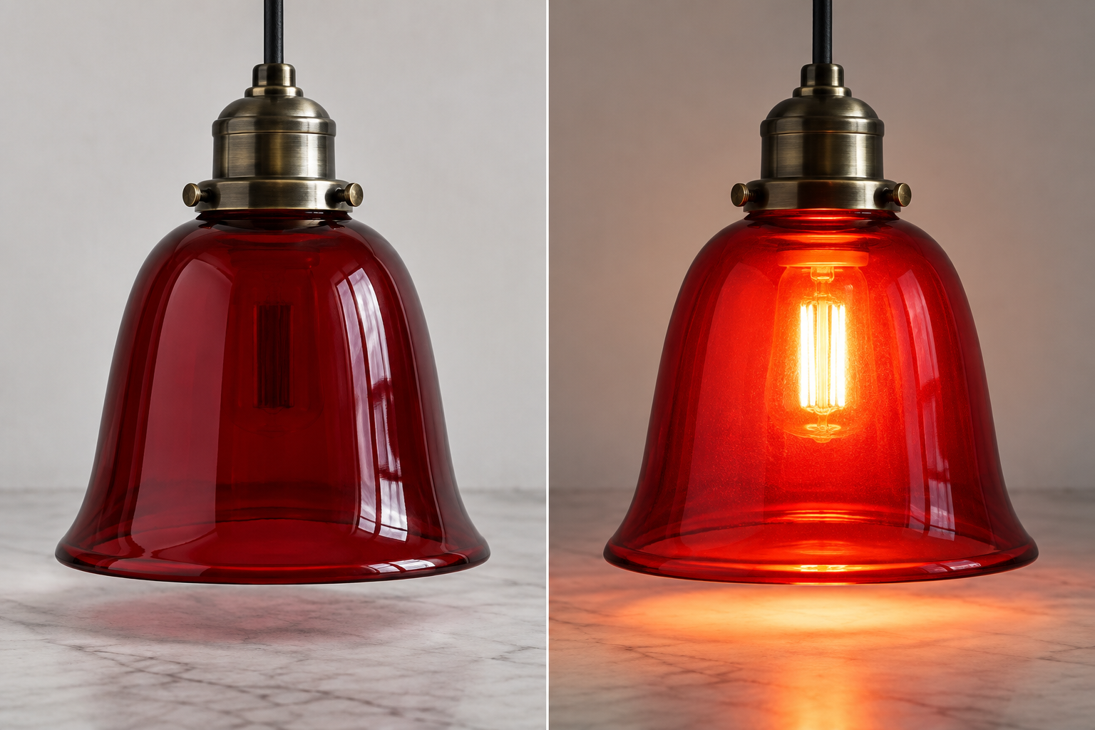 Red glass lamp shade shown unlit and illuminated from inside to compare reflected color with transmitted light