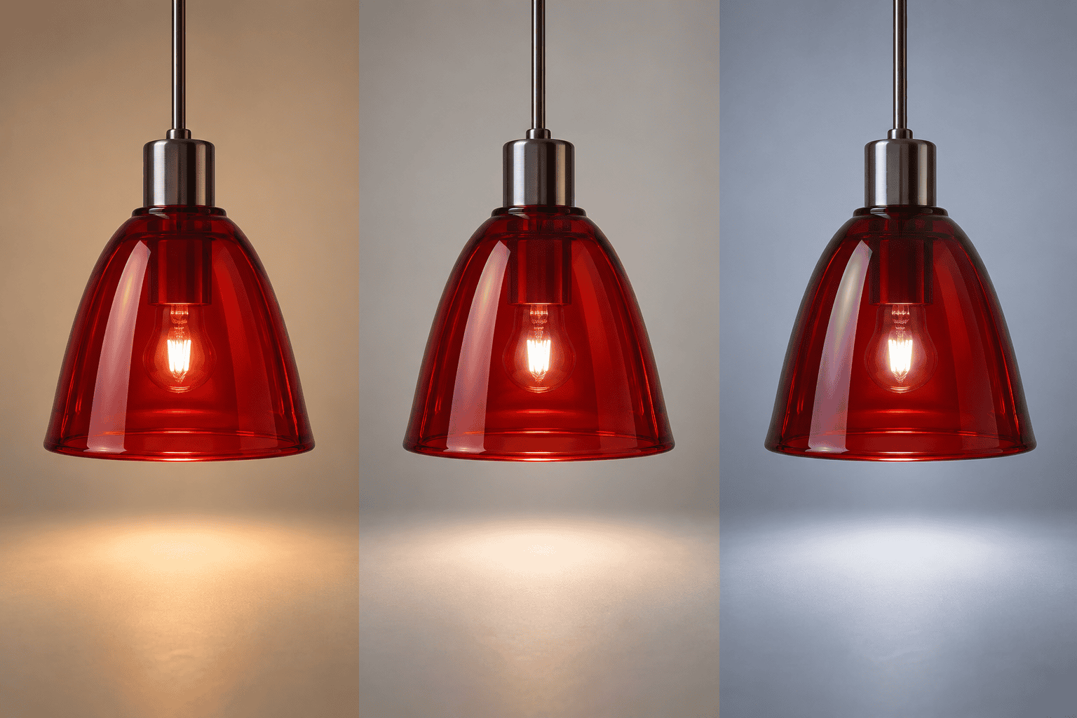 The same red glass lamp shade viewed under warm neutral and cool LED lighting