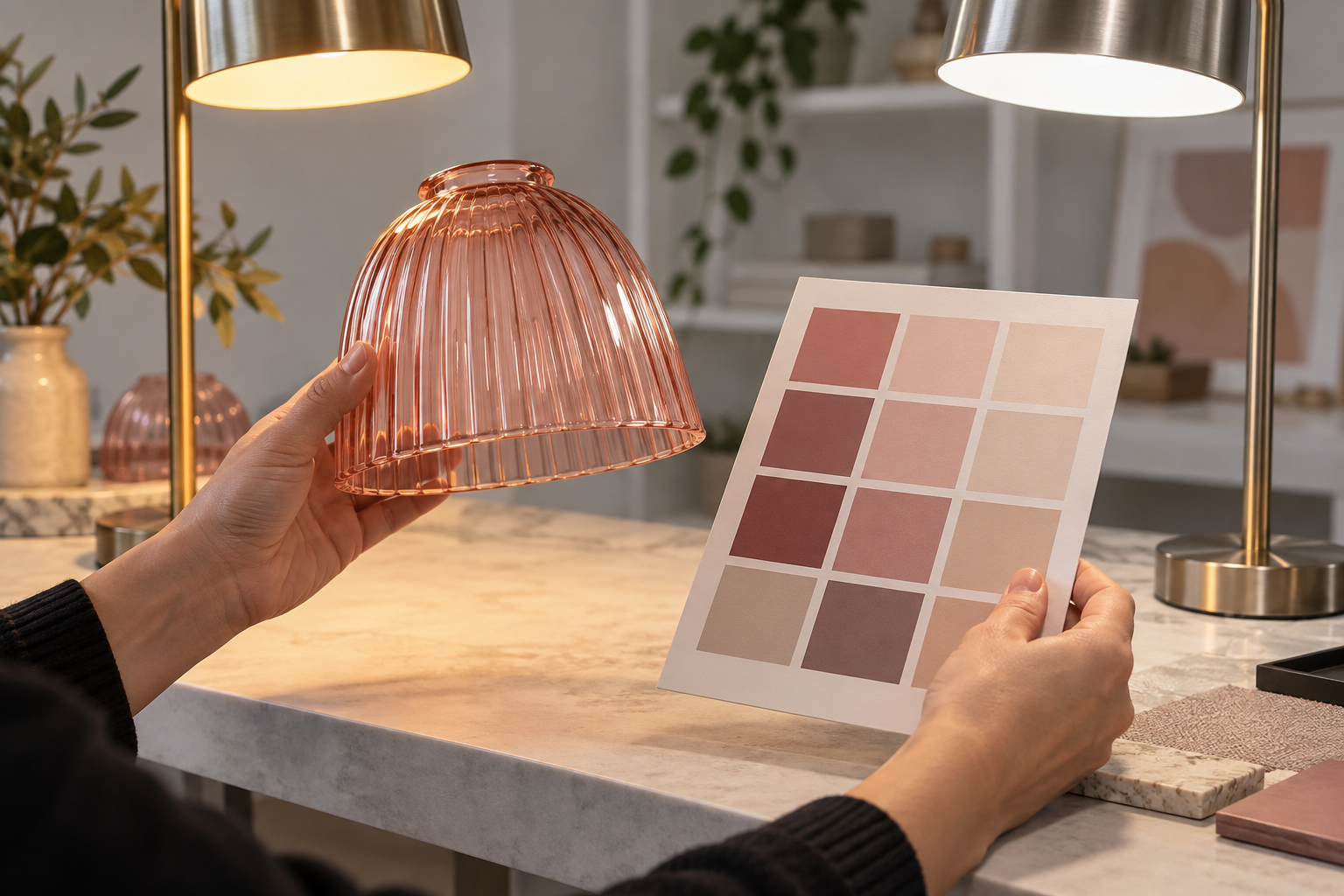 Elegant pink glass lampshade with color sample for interior lighting design.