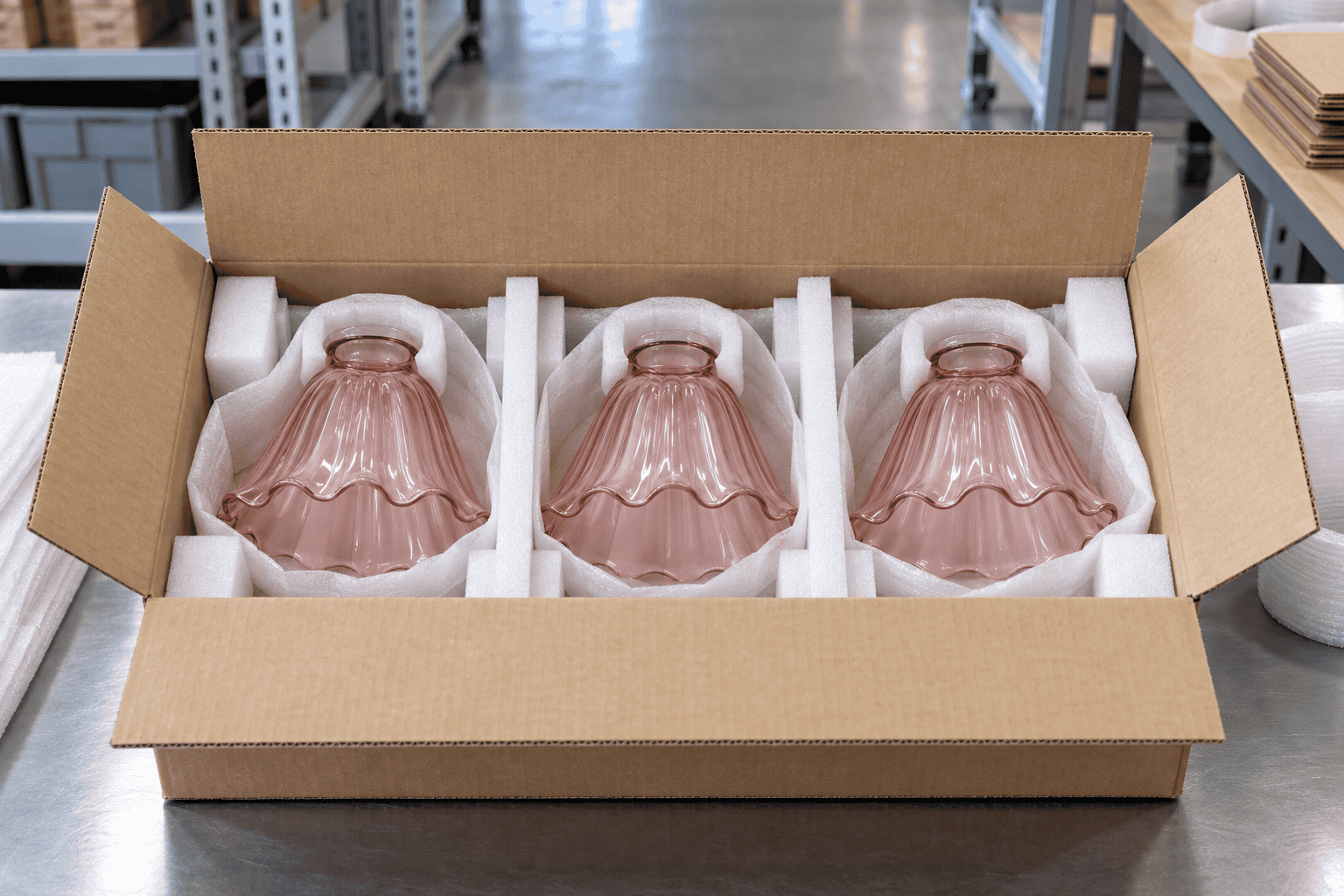 Export carton with separated protective cells holding individually wrapped rose glass lamp shades