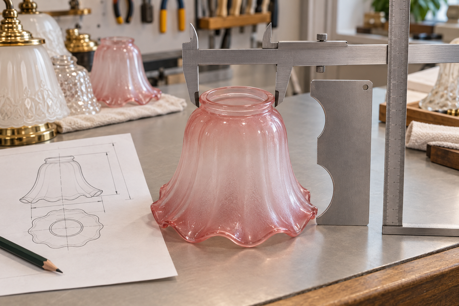 Pink glass lampshade on workbench with design sketches and tools.