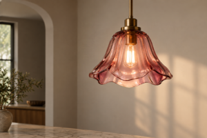Elegant pink glass lampshade hanging in modern interior.