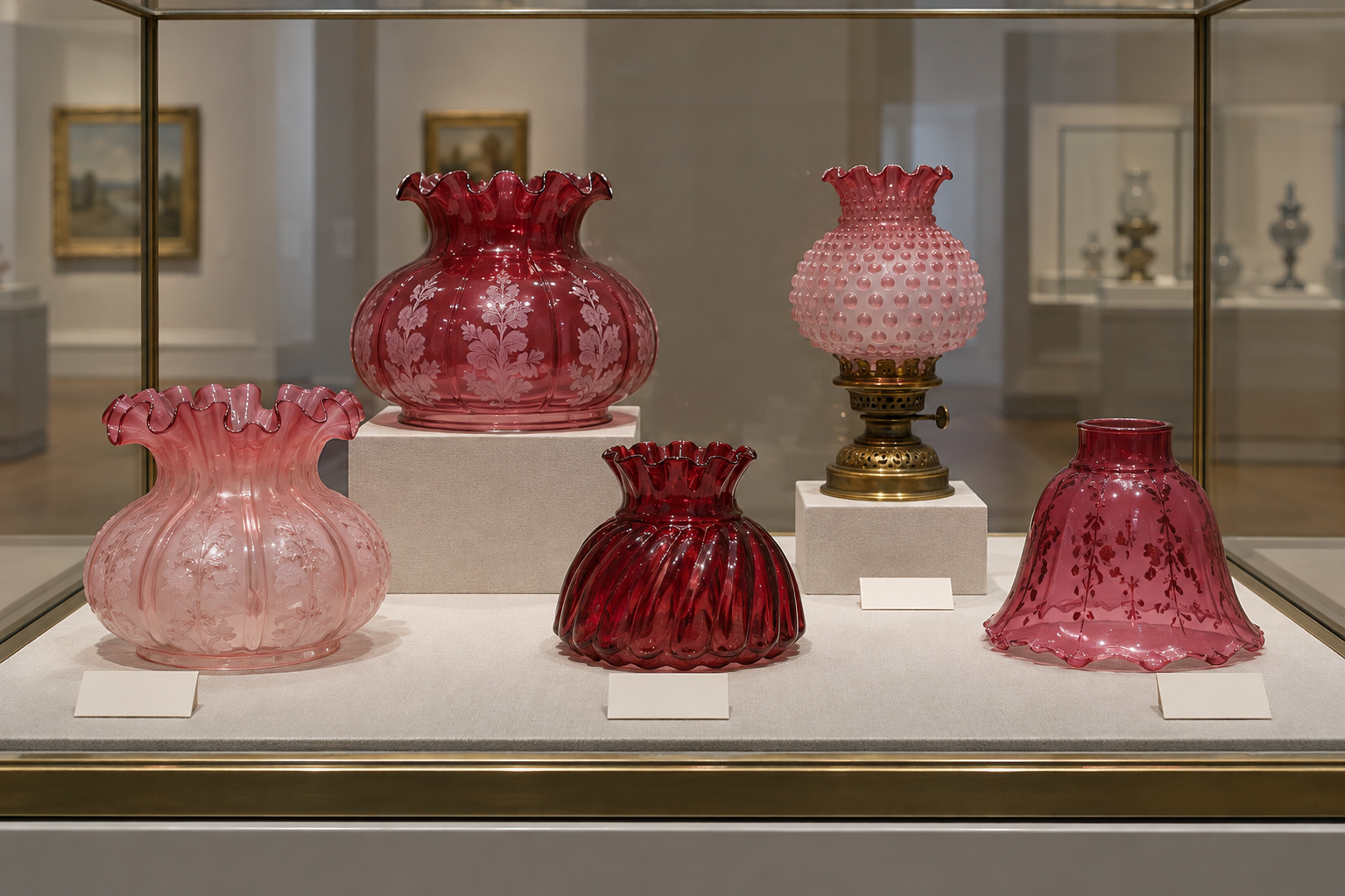 Collection of pink and red glass lampshades in a display case.