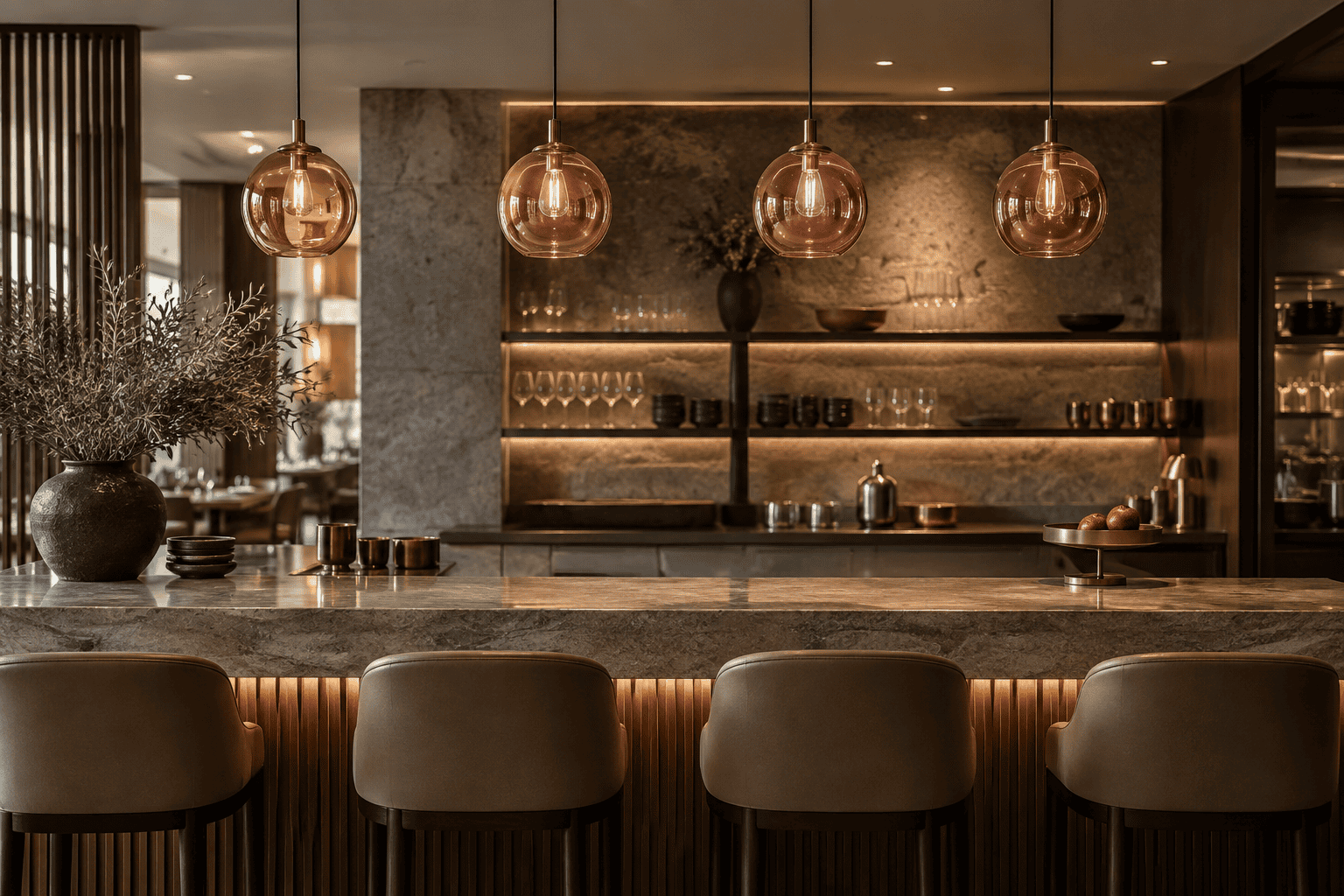 Elegant interior with glass lampshades and modern decor at a lighting manufacturer.