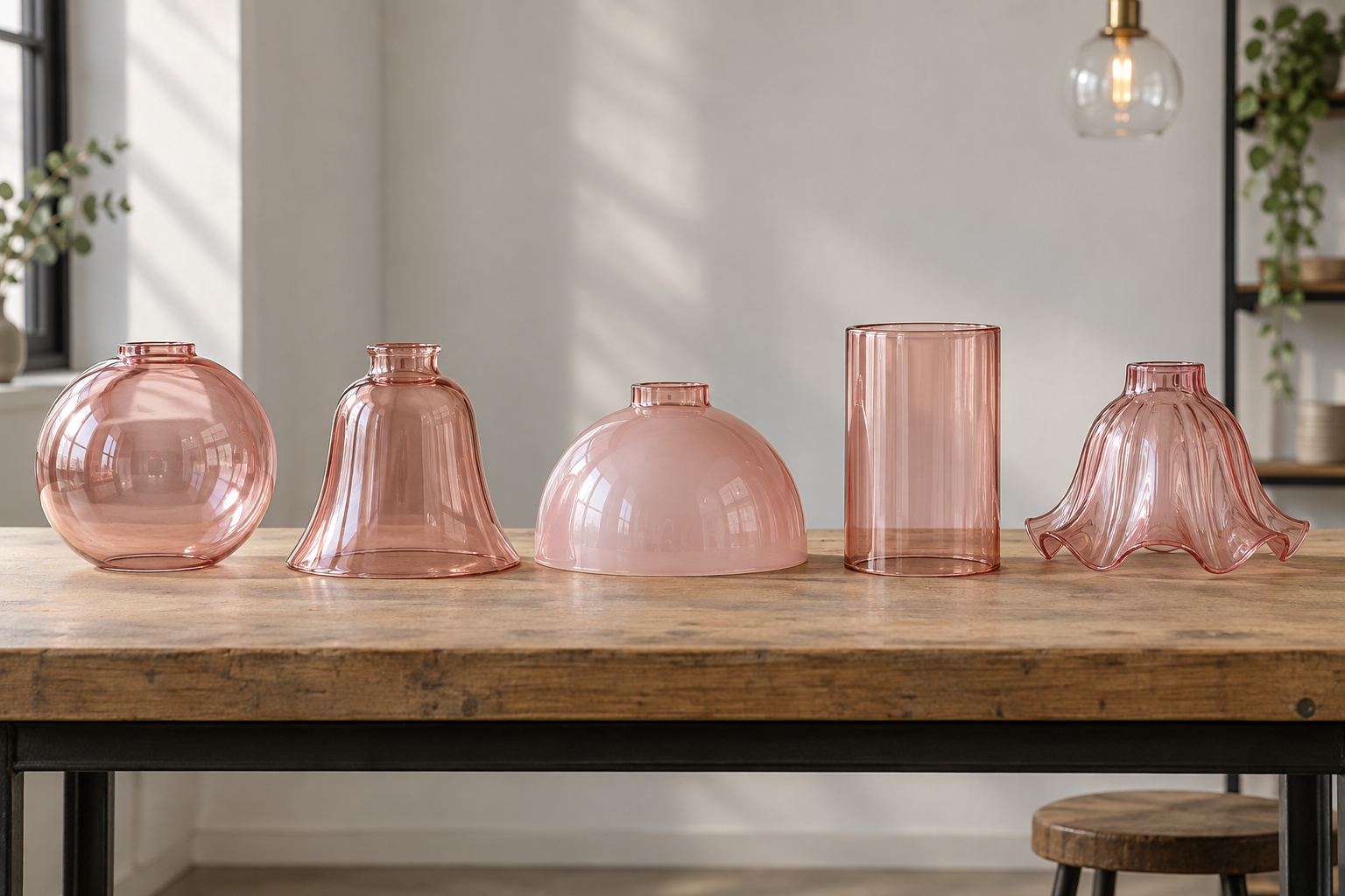 Five rose glass lamp shade profiles arranged as globe bell dome cylinder and flower forms