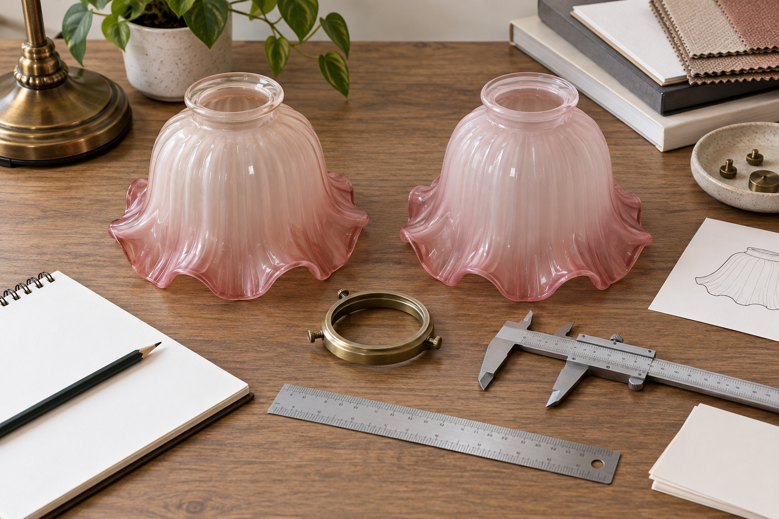 Elegant pink glass lampshades for custom lighting designs.