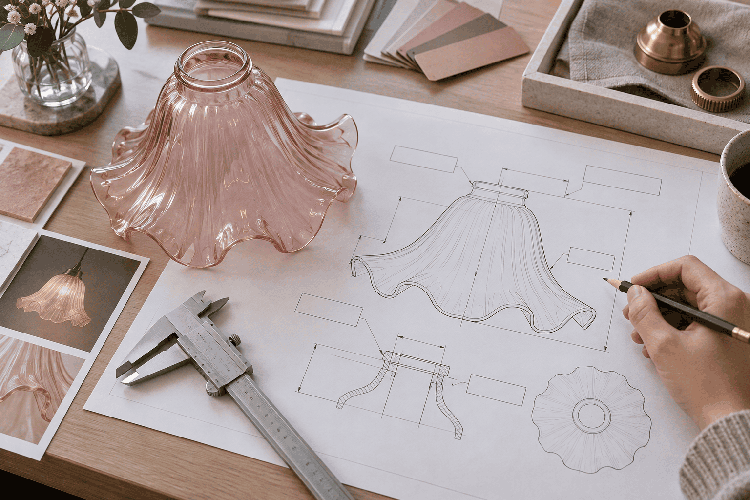 Designing a glass lampshade with technical sketches and tools.