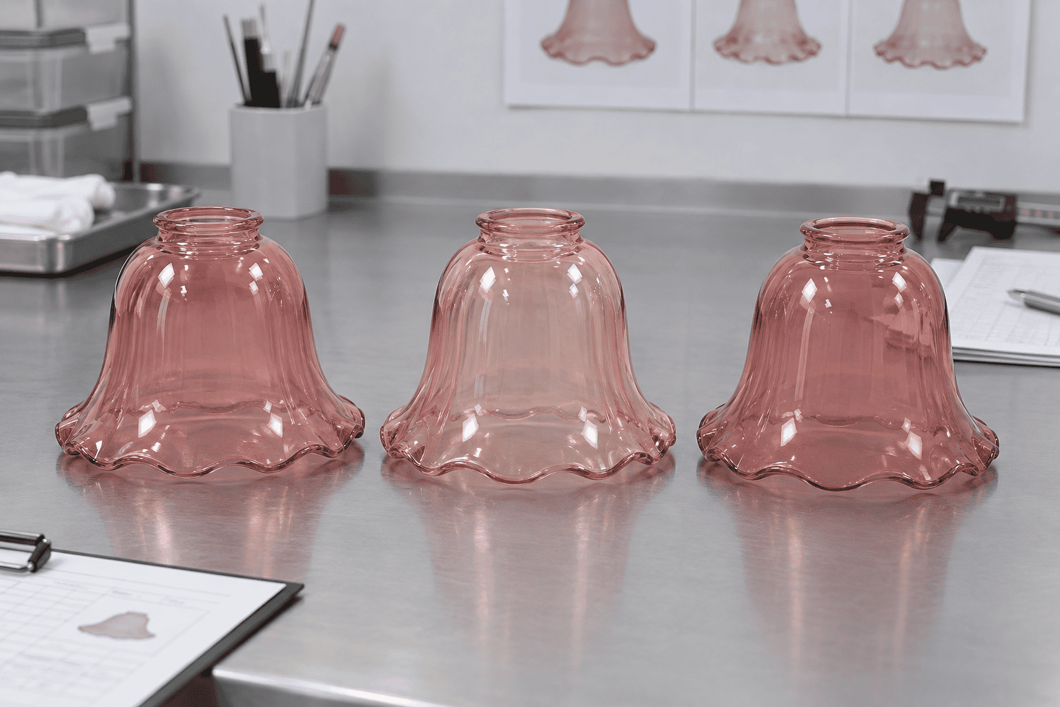 Set of three pink glass lampshades on a work table.
