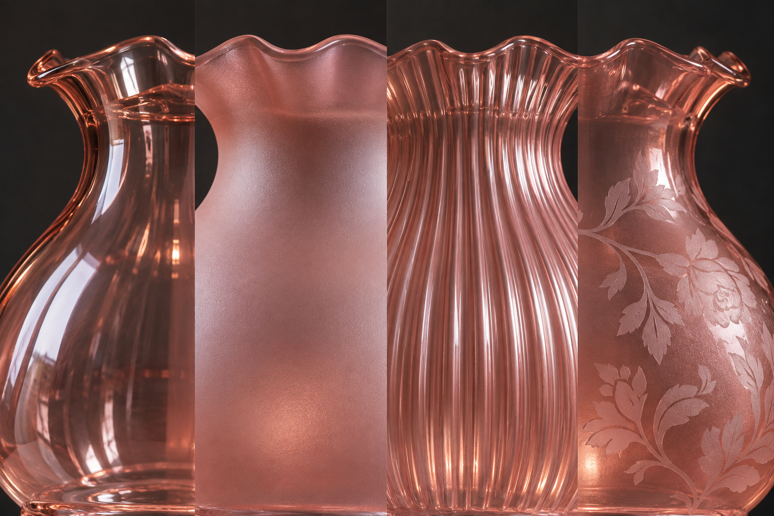 Elegant pink glass lampshades with various textures and designs for lighting decor.
