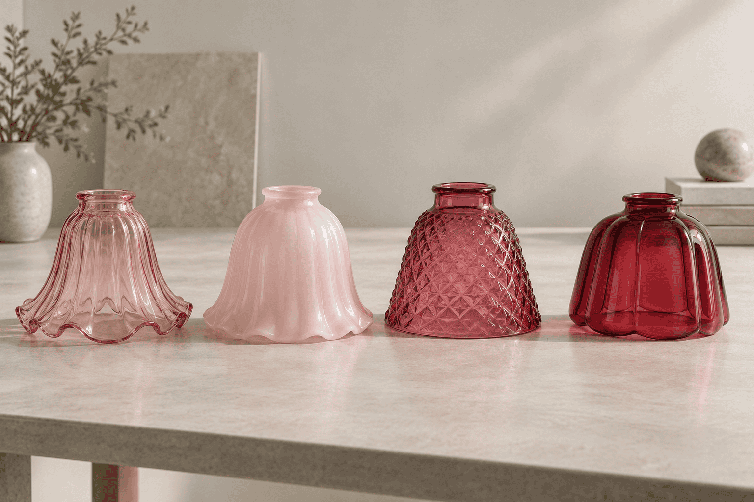 A lineup of rose pink cranberry and ruby glass lamp shade samples with different transparency levels