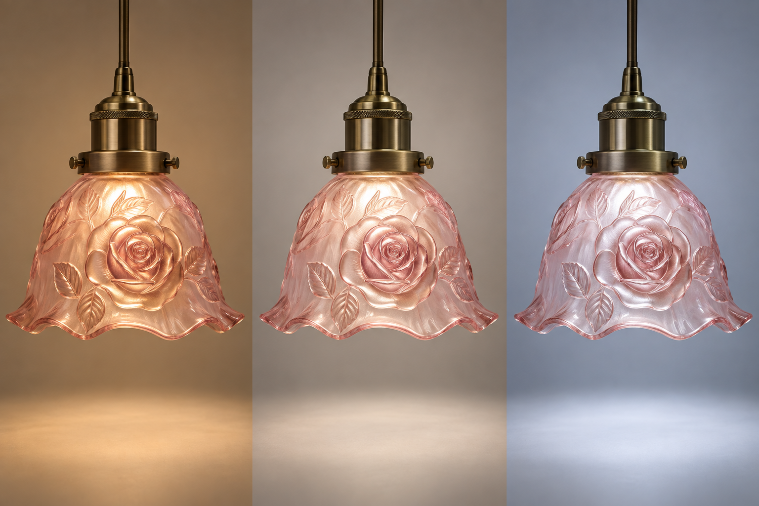 The same rose glass lamp shade viewed under warm neutral and cool LED lighting