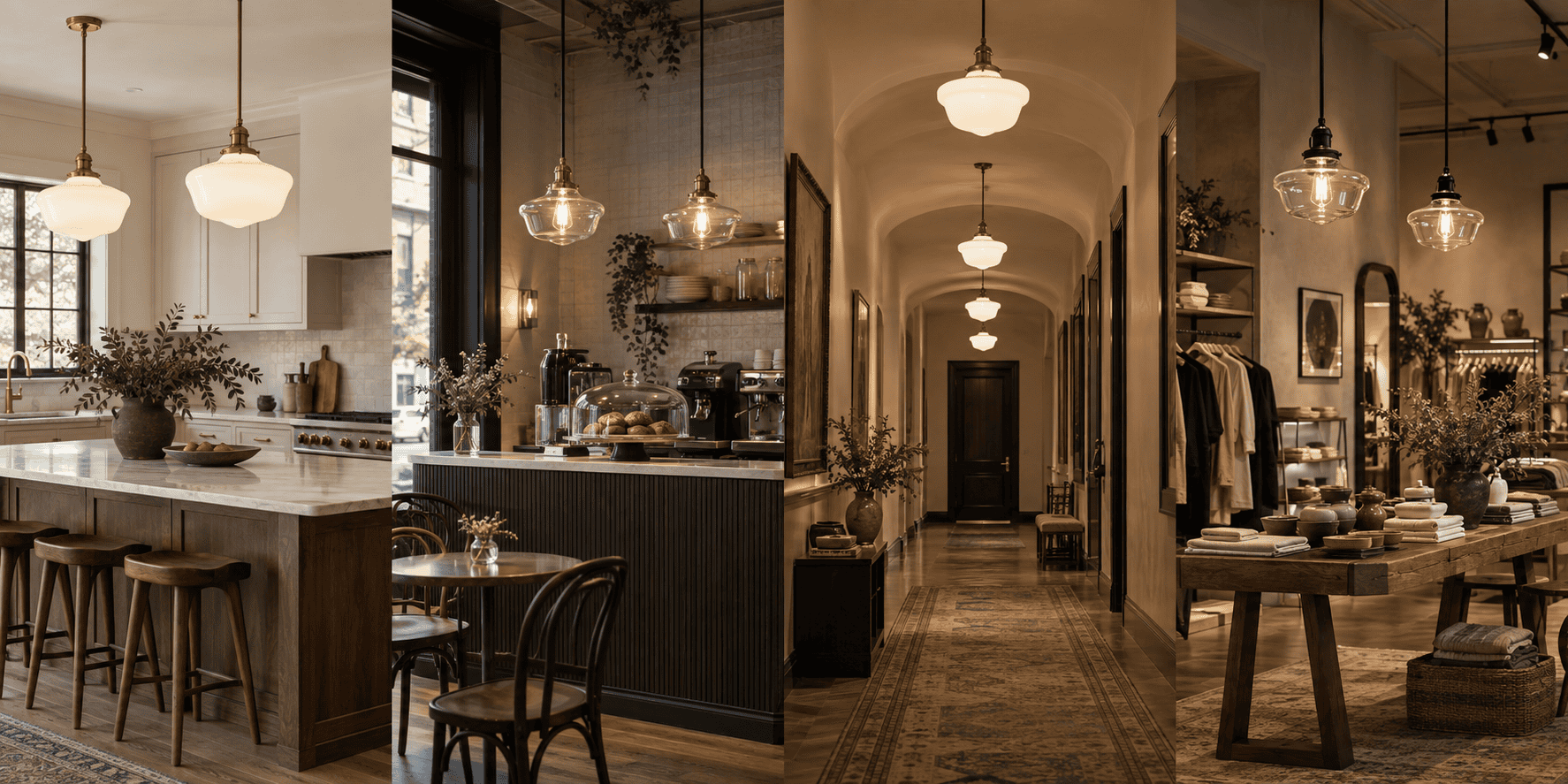 Lampade a pendente schoolhouse non marchiate mostrate sopra un'isola cucina, bancone caffè, corridoio e tavolo da negozio