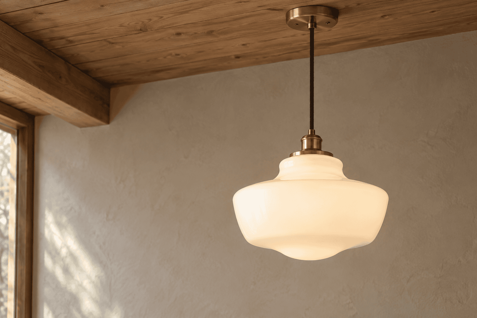 Bellissimo paralume in vetro sospeso dal soffitto in una stanza accogliente.
