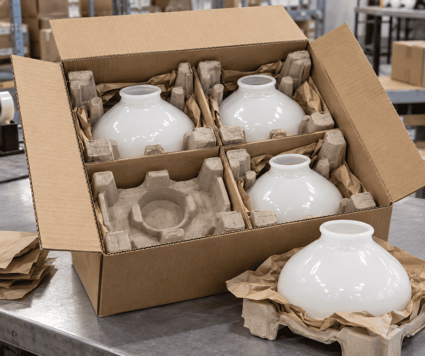 Paralumi in vetro bianco imballati per la spedizione dal produttore.
