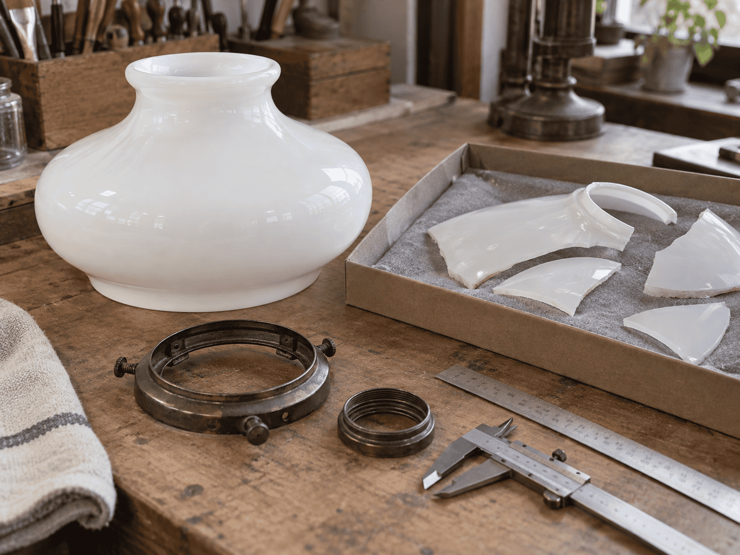 Paralume di ricambio schoolhouse integro accanto a frammenti protetti, ferramenta originale del supporto e strumenti di misurazione.