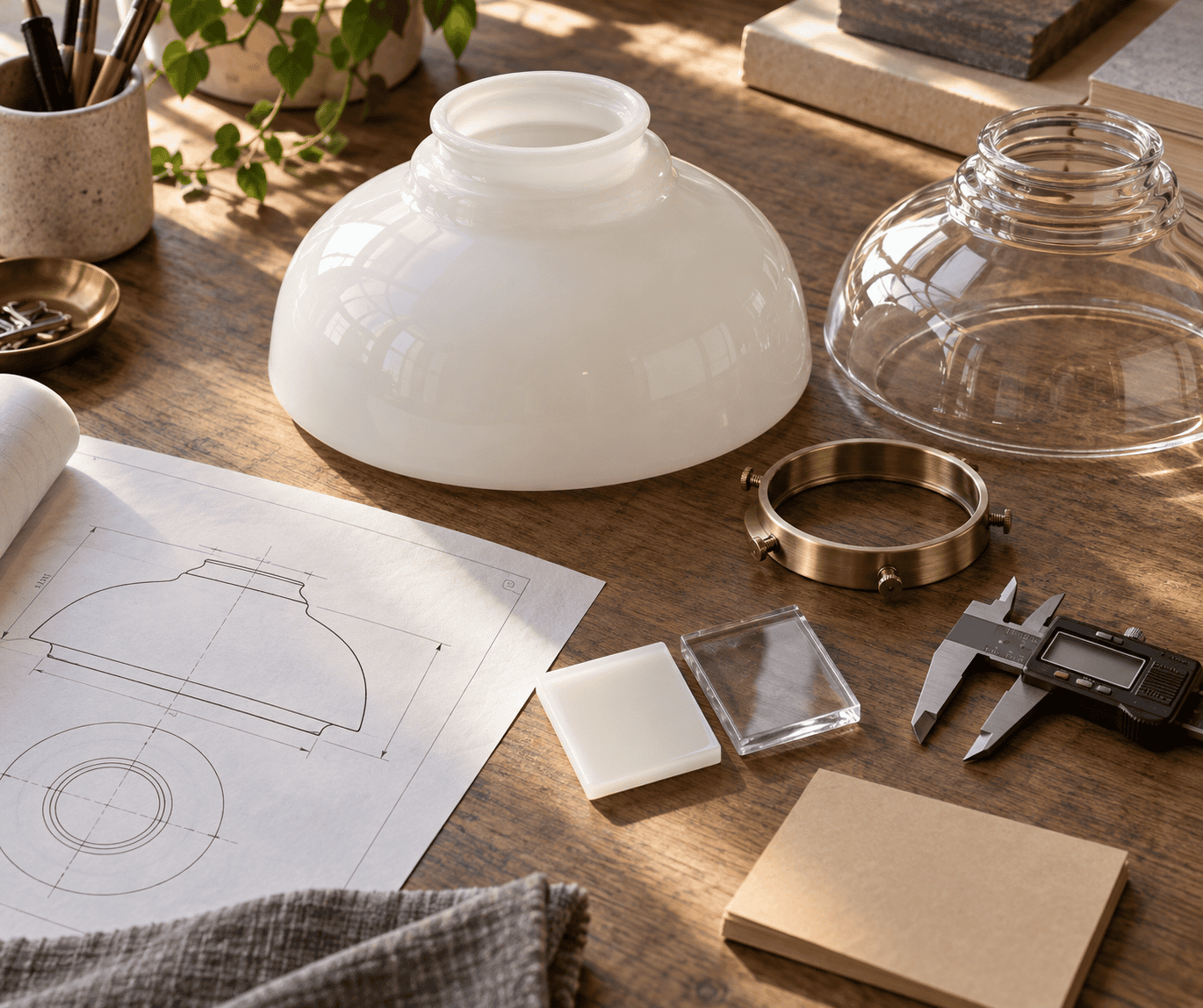 Paralume in vetro e strumenti di progettazione su un tavolo di legno per la produzione.