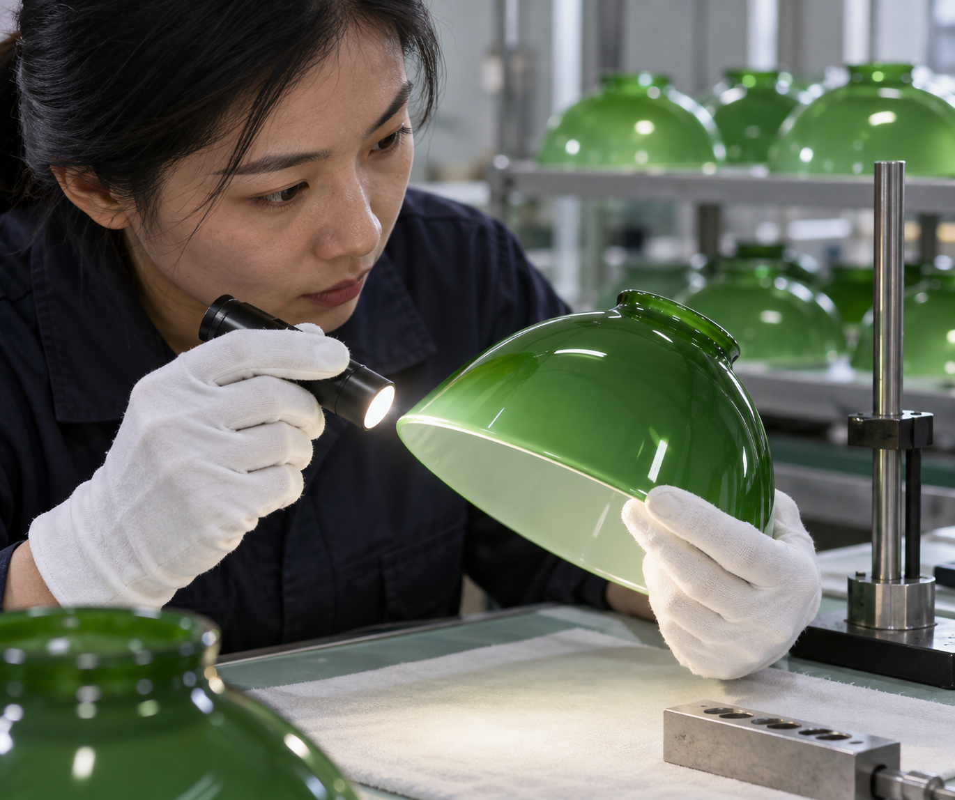 Tecnico asiatico che ispeziona il bordo lucidato di un paralume in vetro per lampada da studente sotto una luce di lavoro