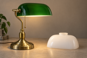Paralumi per lampade da studente in vetro verde e opalino disposti su campioni di strutture classiche in ottone