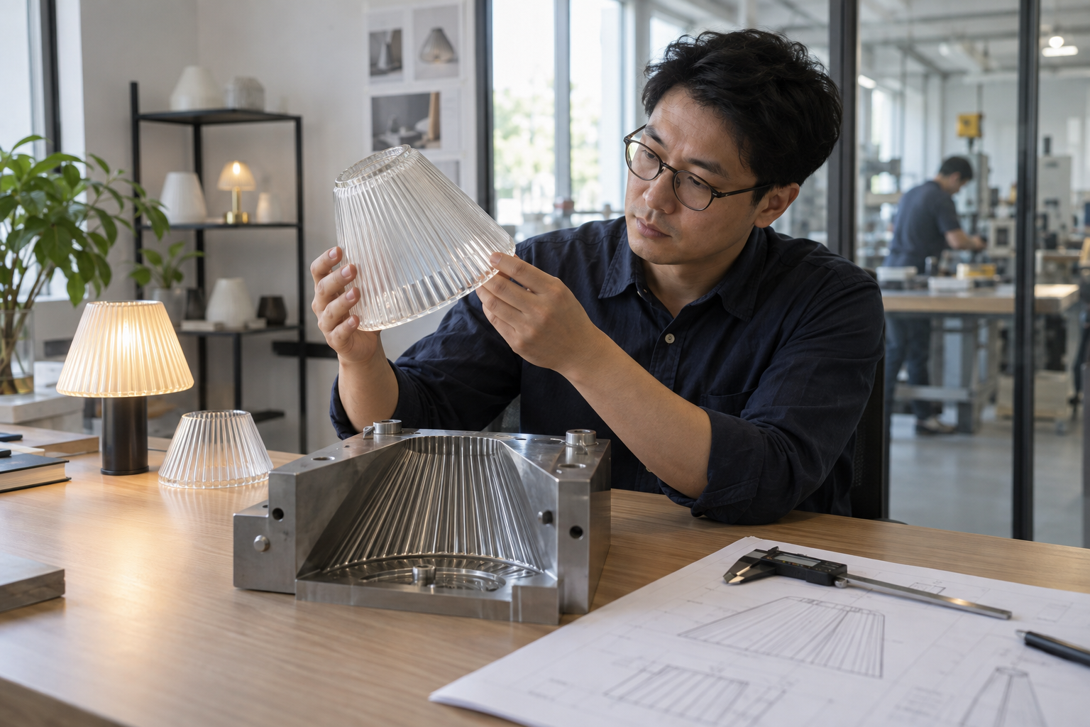Ingegnere dell'illuminazione asiatico che esamina un campione di profilo di paralume per lampada da studente e uno stampo di formatura personalizzato