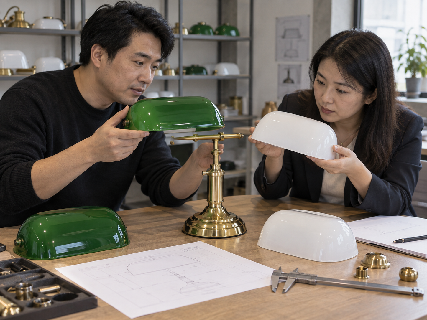 Acquirente e fornitore di illuminazione asiatici che confrontano campioni di paralumi per lampada da studente e un modello neutro di apparecchio