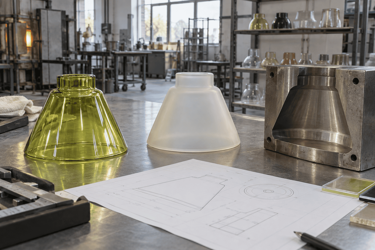 Paralumi in vetro in varie fasi di produzione in una fabbrica.