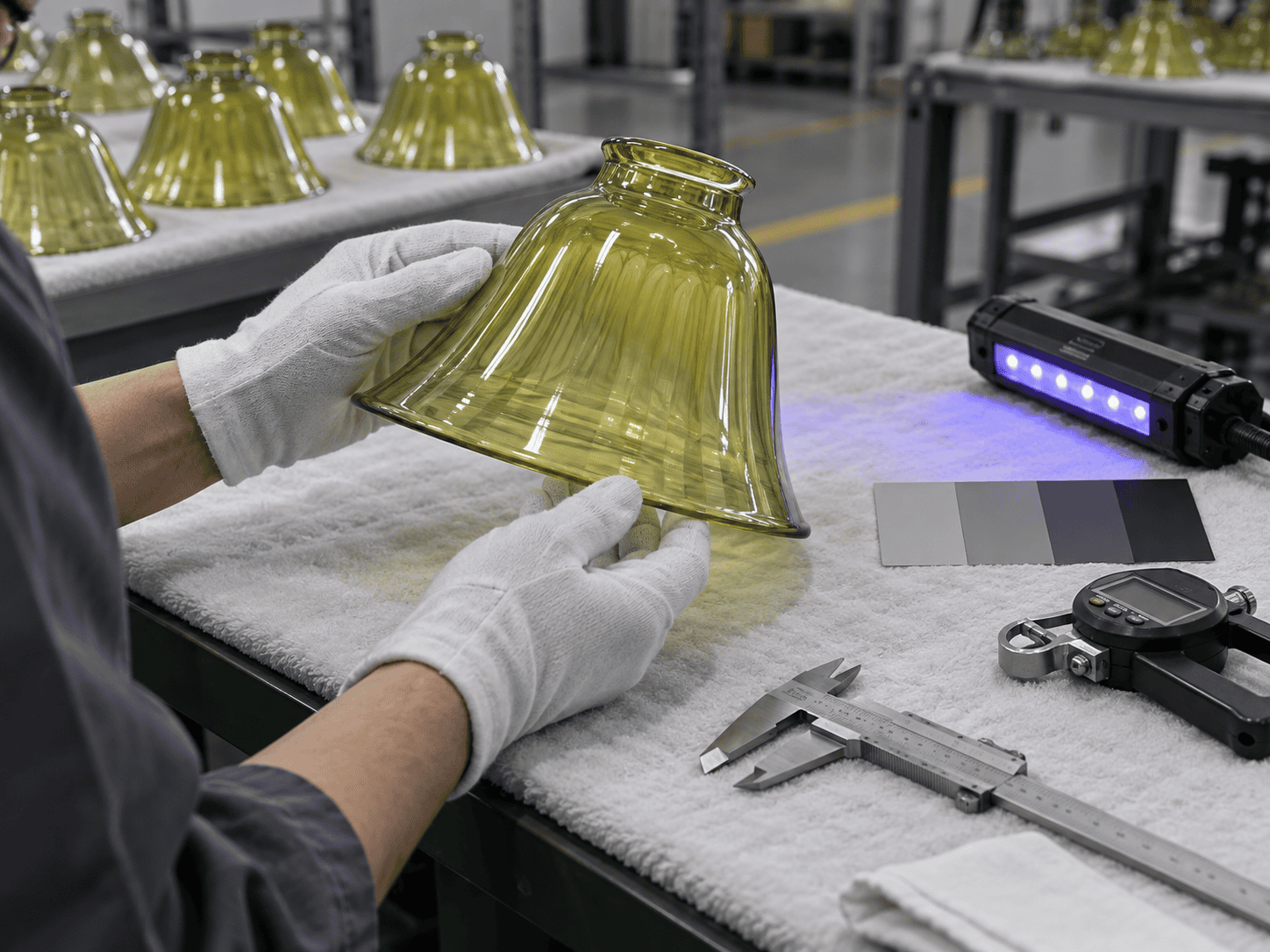 Operaio che ispeziona un paralume in vetro in un contesto industriale per il controllo qualità.