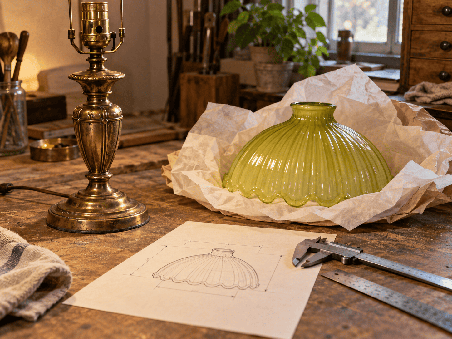 Banco di restauro per lampade con un apparecchio vintage e misurazioni del paralume in vetro di ricambio