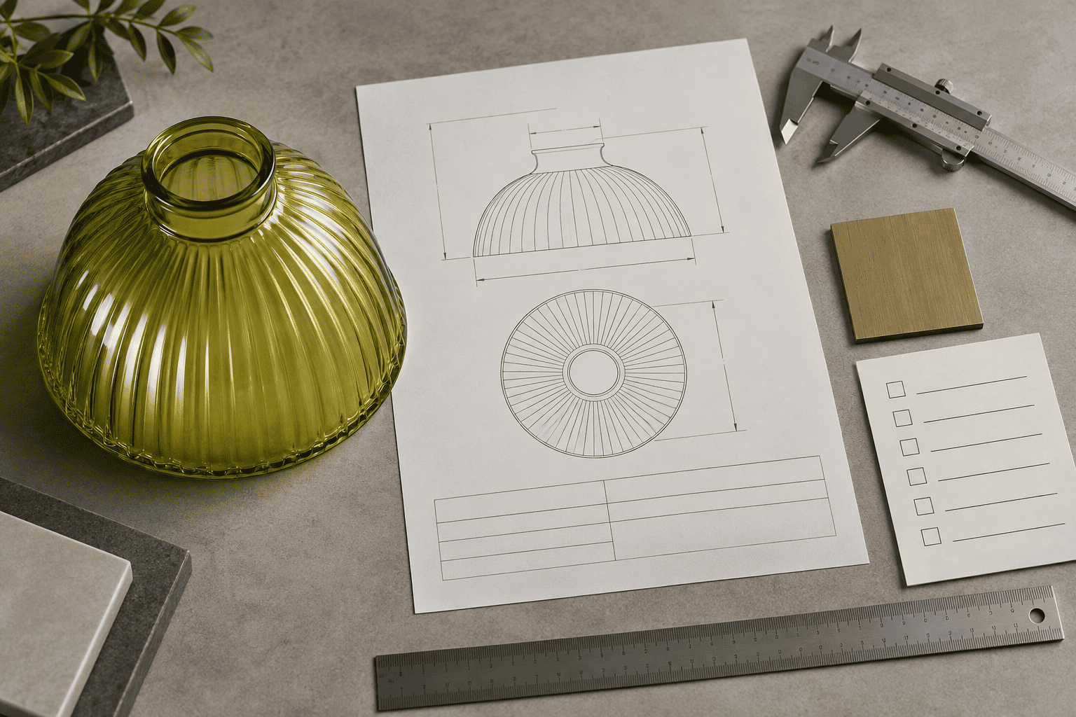 Prototipo di paralume in vetro con disegno tecnico e strumenti.