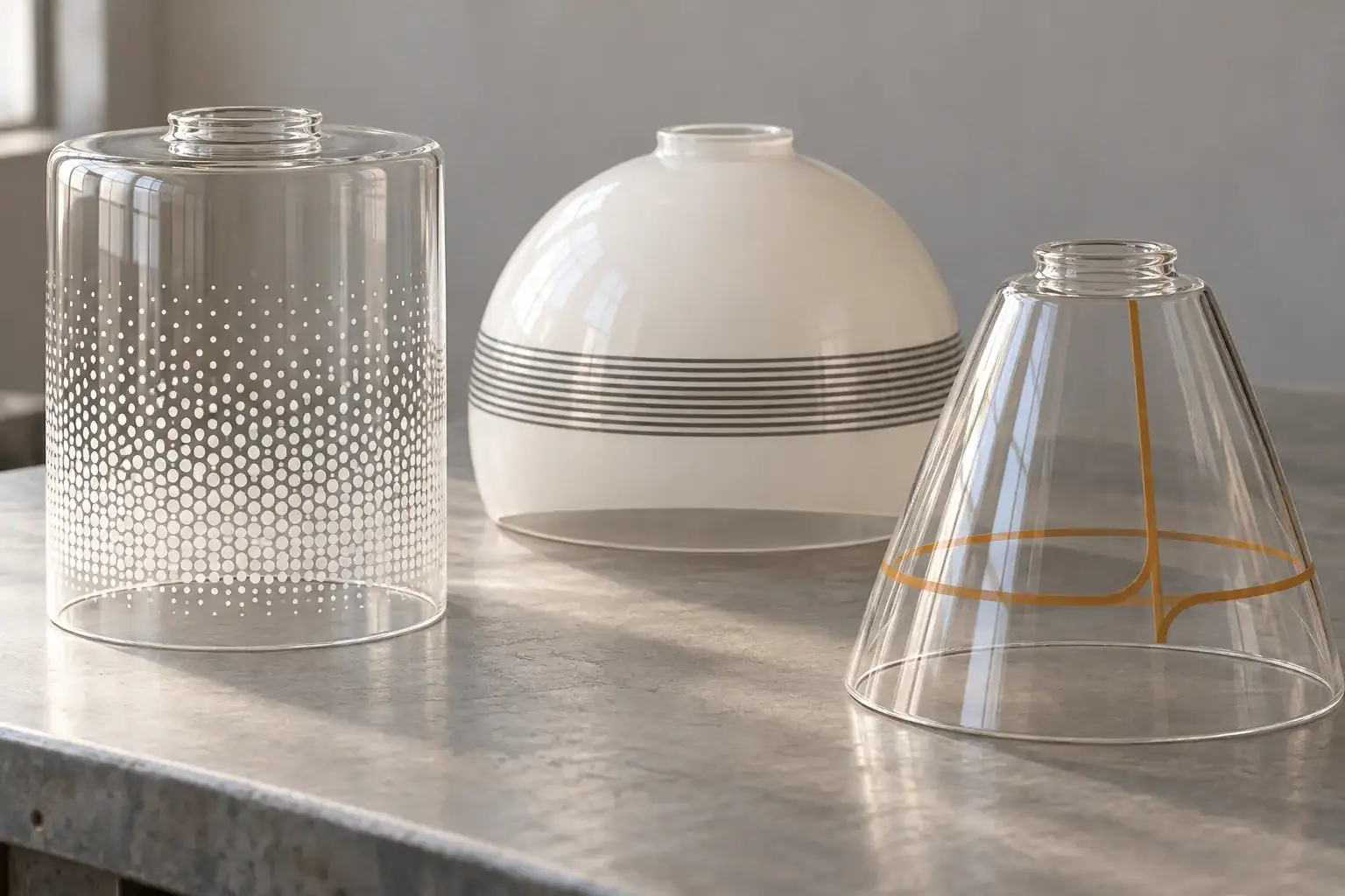 Trois concepts d'abat-jour en verre à fond ouvert avec des points blancs, une bande sombre et un motif ocre.