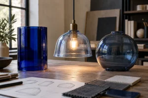 Three blue glass lamp shade forms in cylindrical, bell and globe profiles on a neutral design table