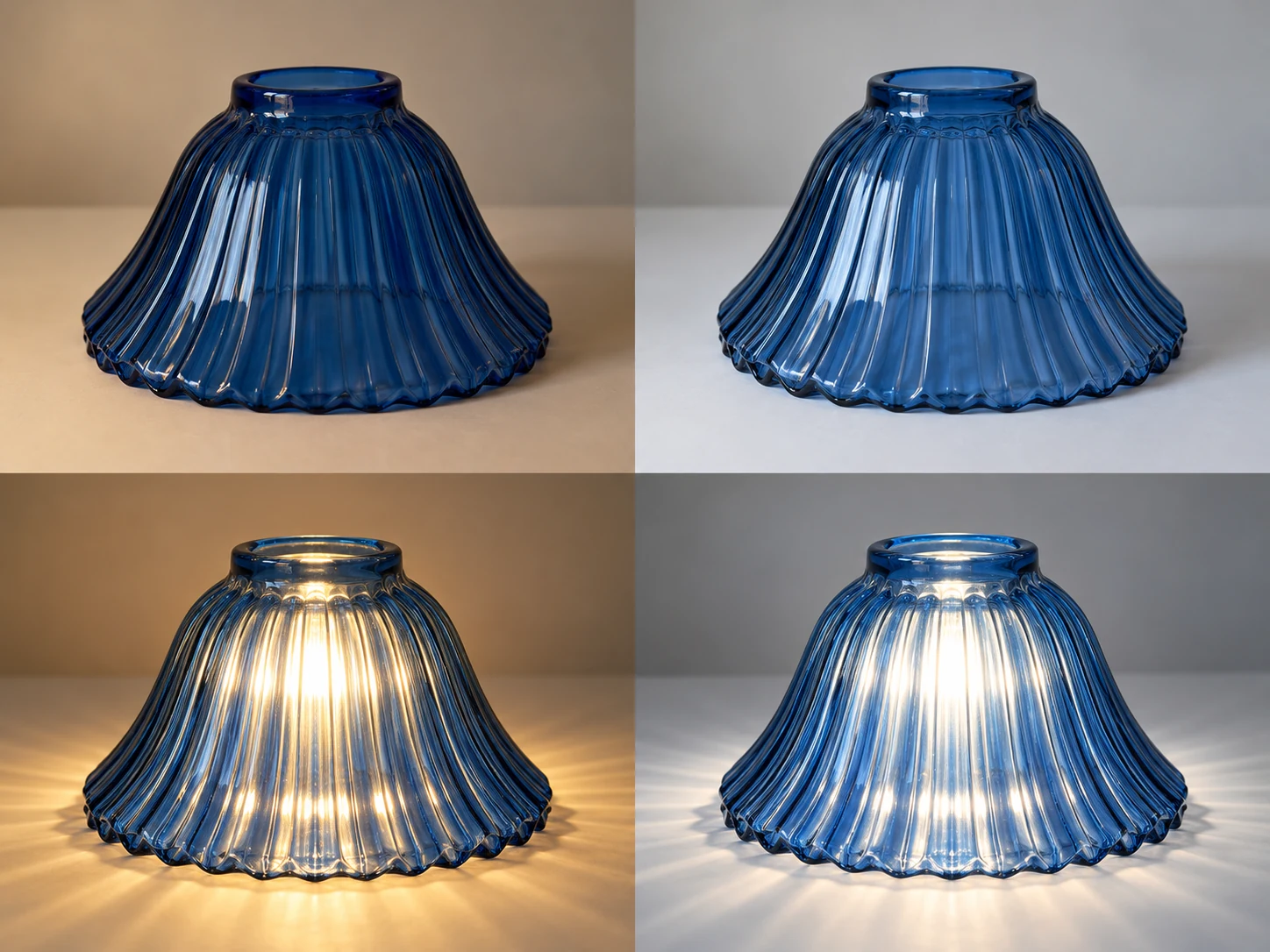 Fluted blue glass shade shown unlit and illuminated under warm and neutral light