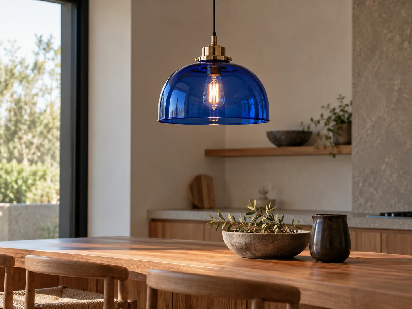 Cobalt blue glass pendant shade above a neutral wood counter