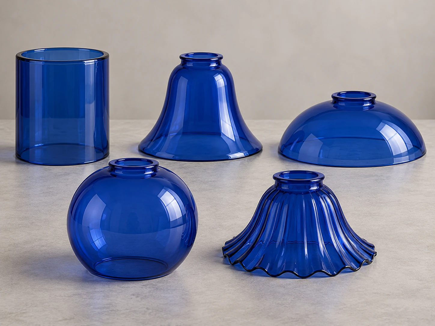 Cylinder, bell, shallow dome, globe and fluted blue glass shade profiles