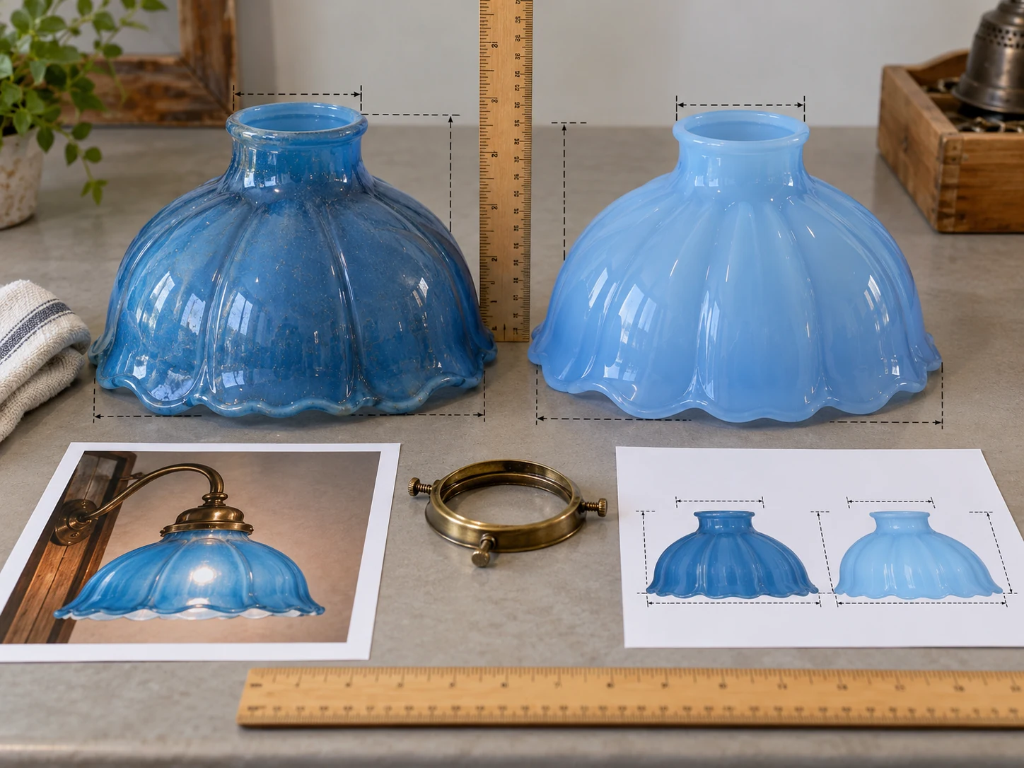 Two blue glass shade samples compared beside a fixture reference and fitter ring
