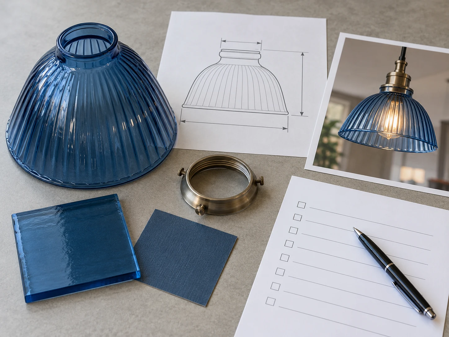 Blue glass shade, profile sketch, fitter ring, fixture photo and blank RFQ checklist