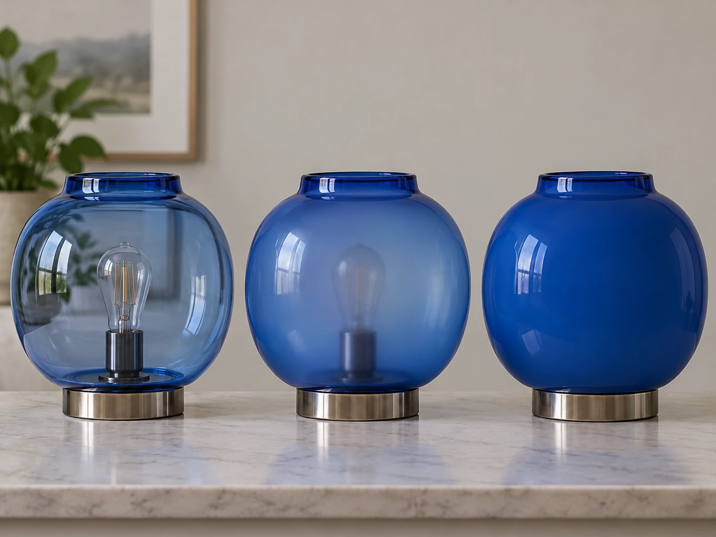 Blue glass shade examples showing transparent, translucent and opaque appearance