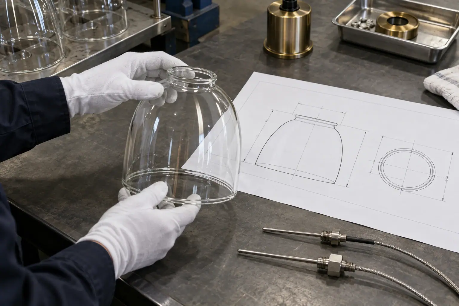 Pantalla de lámpara de vidrio siendo fabricada en una fábrica con planos técnicos.