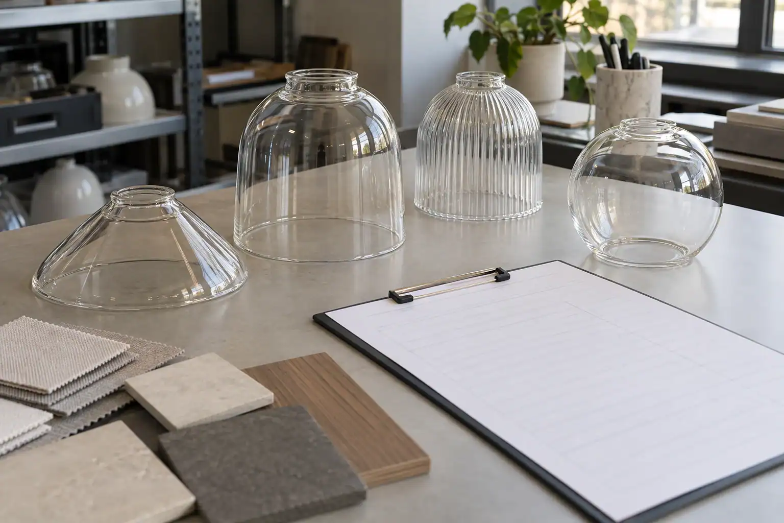 Varias pantallas de vidrio transparente en una mesa de trabajo para diseño de iluminación.