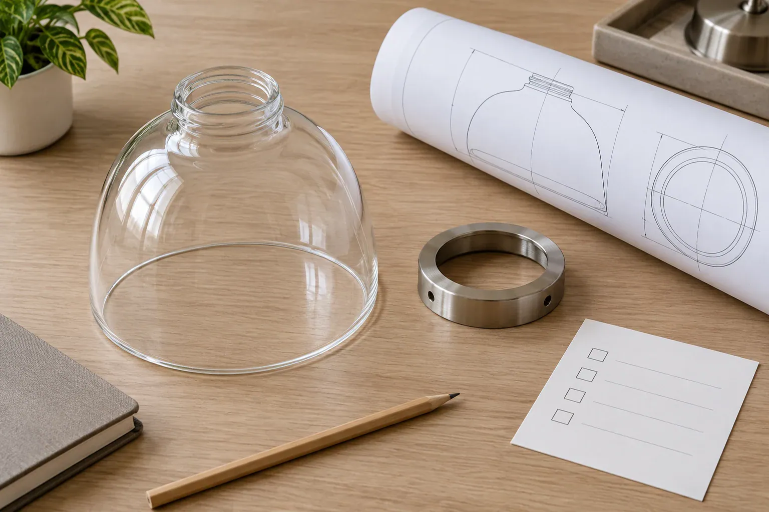 Pantalla de vidrio transparente con planos de diseño y herramientas en un escritorio de madera.