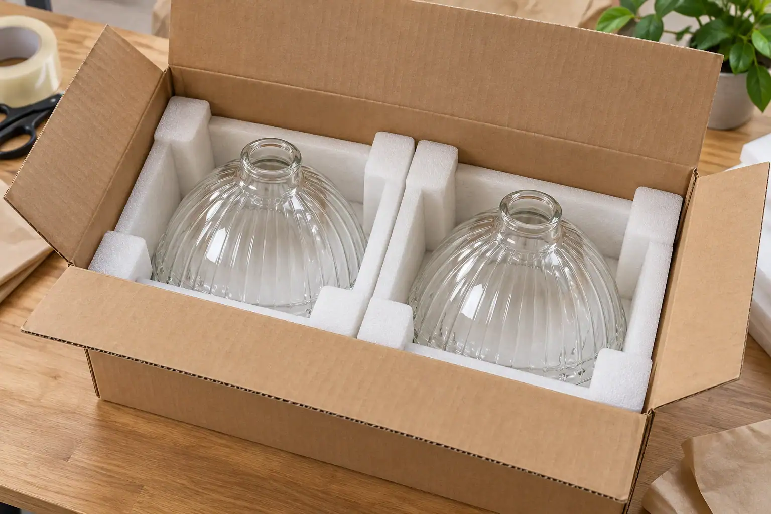 Muestras de pantallas de vidrio transparente separadas por insertos protectores ajustados dentro de una caja de exportación sencilla, mostradas como un concepto de embalaje ilustrativo.