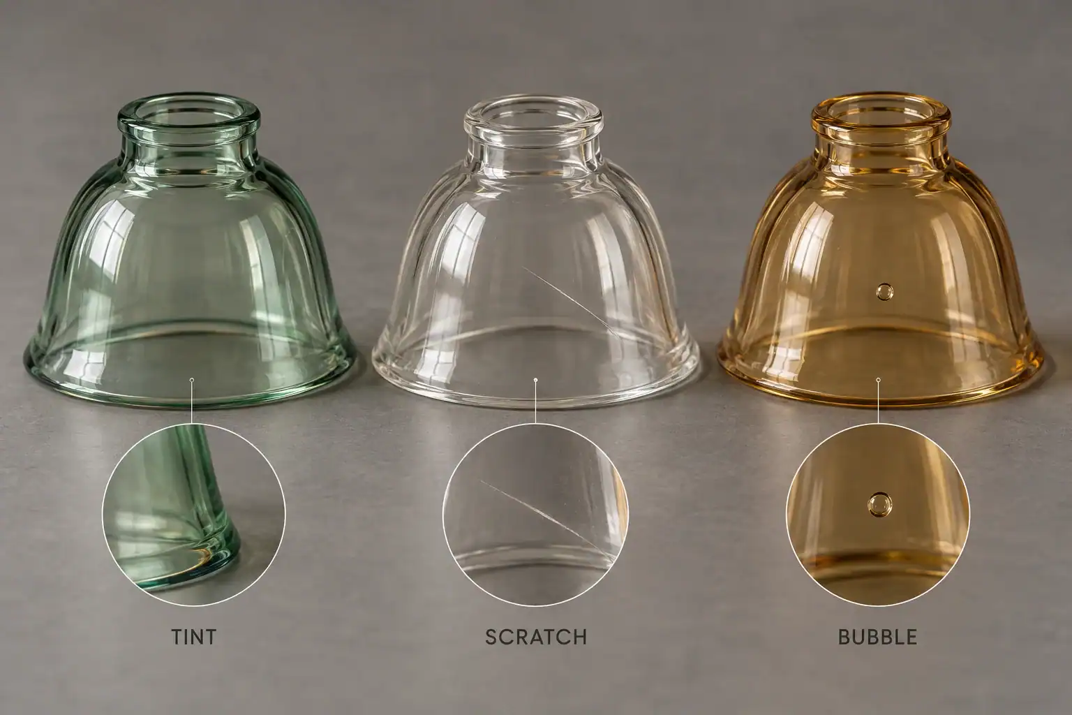 Illustrated glass shades showing tint variation, a surface scratch and a bubble