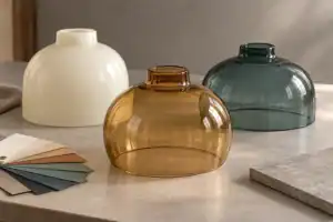 Colorful glass lampshades in white, amber, and blue for stylish lighting.