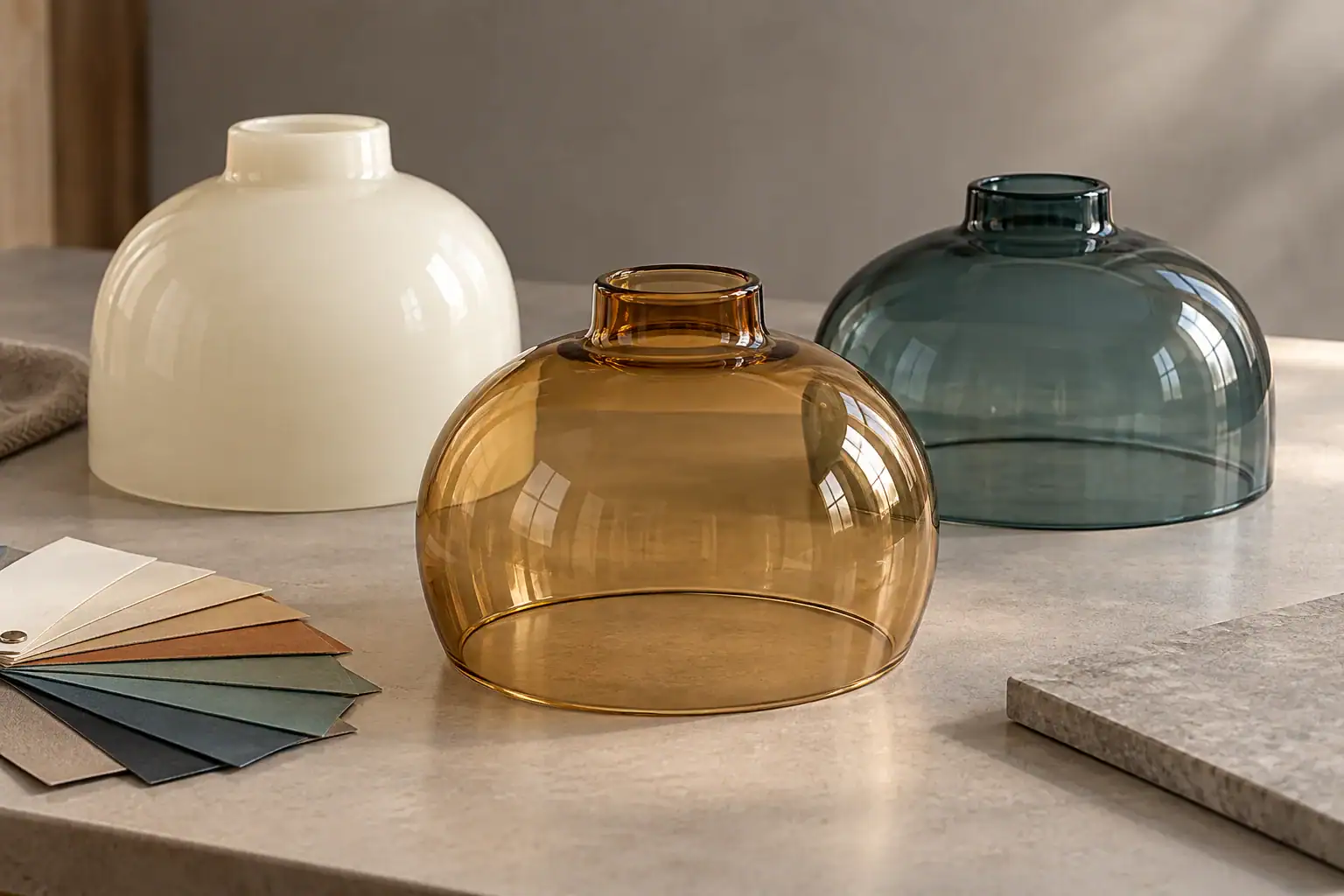 Colored glass lamp shades beside paper color references