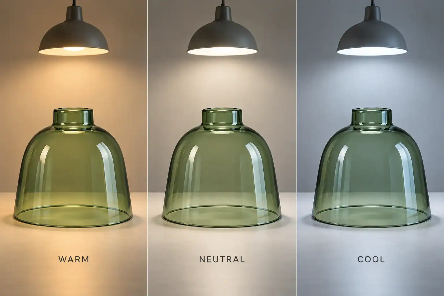 Green glass shade under warm, neutral and cool light