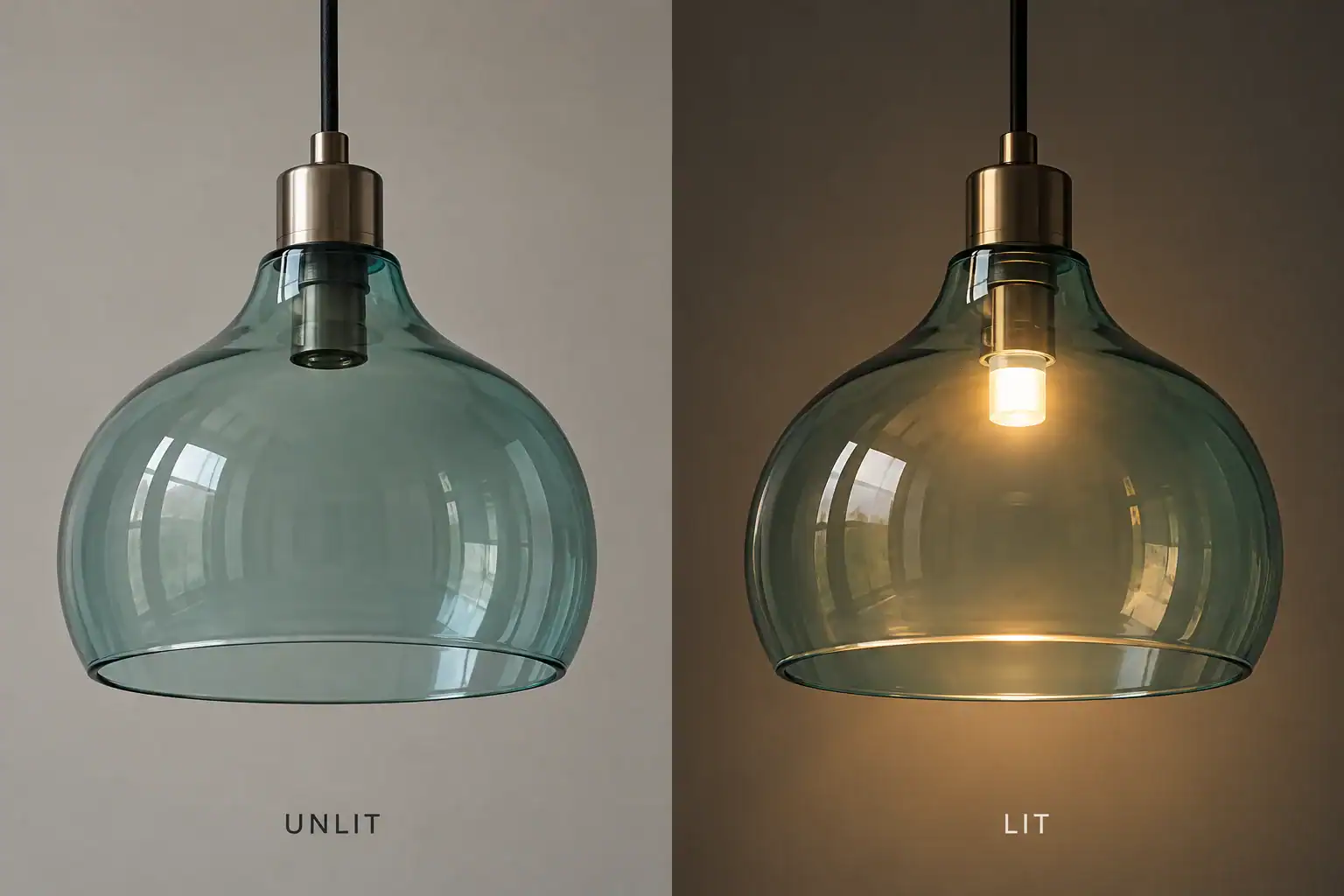 Same teal glass shade shown unlit and illuminated