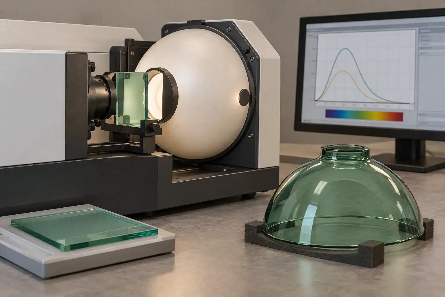 Flat glass transmission sample beside a curved finished shade