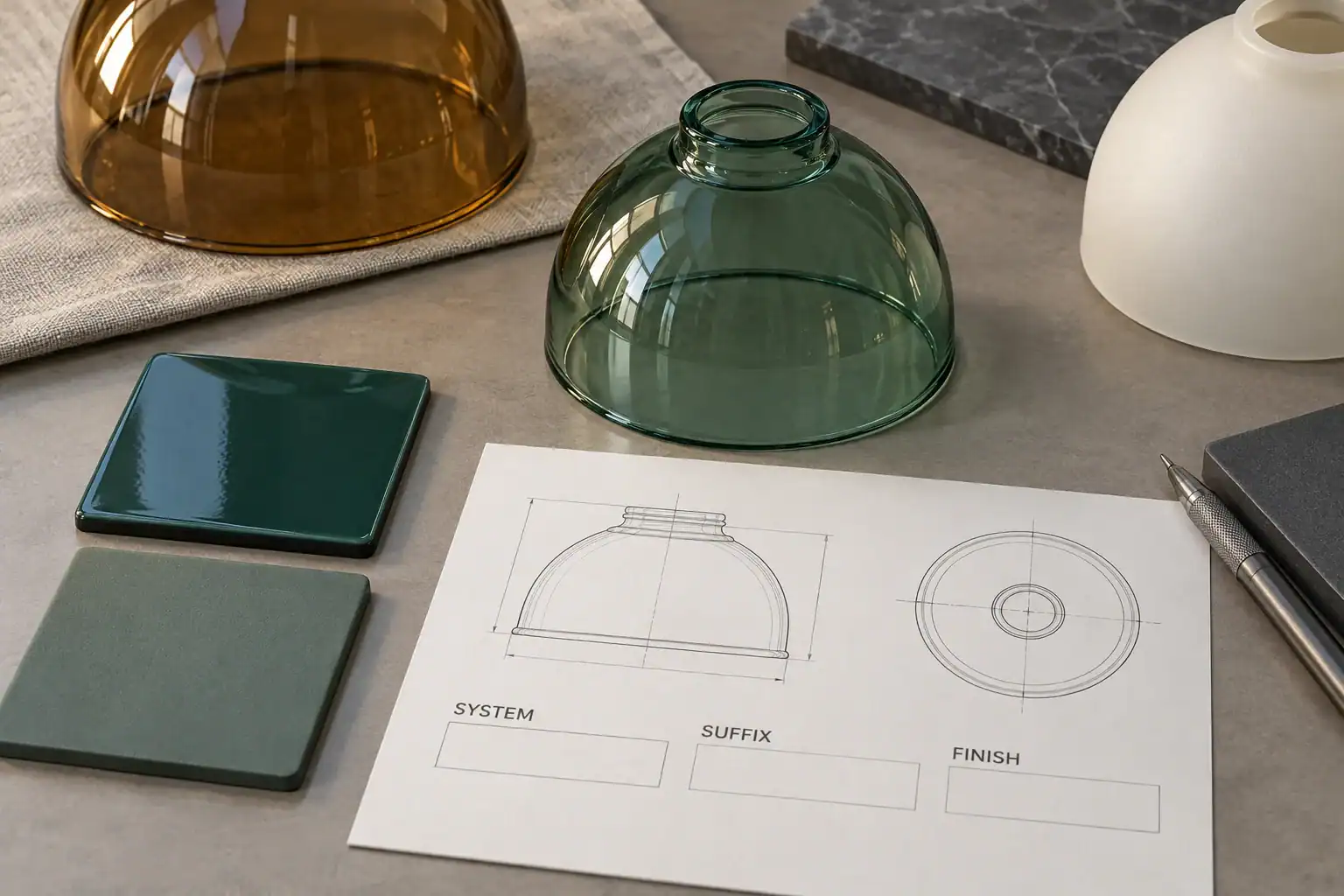 Glossy and matte color references with a glass shade