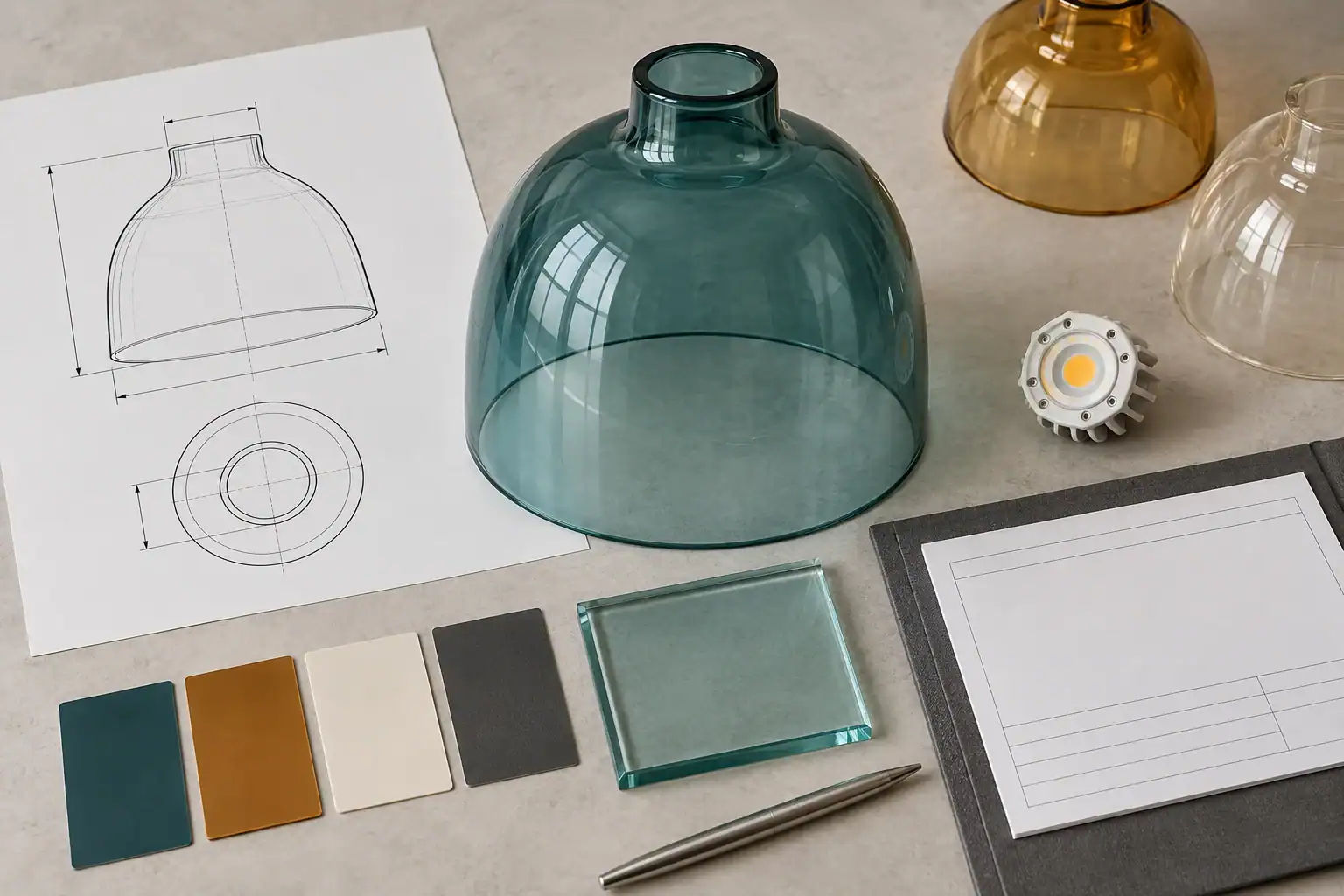 Glass shade RFQ kit with color sample, drawing and light source
